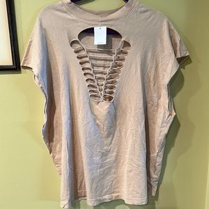 UO Truly Madly Deeply Macrame Reveal Beige Tee